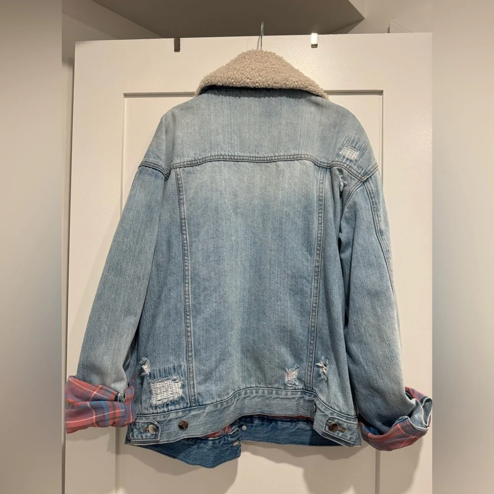 Free People Sherpa Fleece Collar Denim Jacket Plaid Lining - Picture 8 of 9